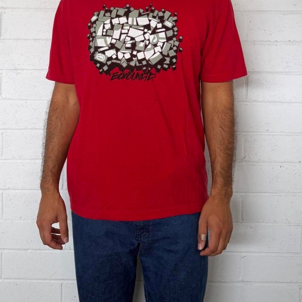 Ecko Unltd Mens Red Cotton T-Shirt Silver Mosaic Graphic Y2K Skater XL